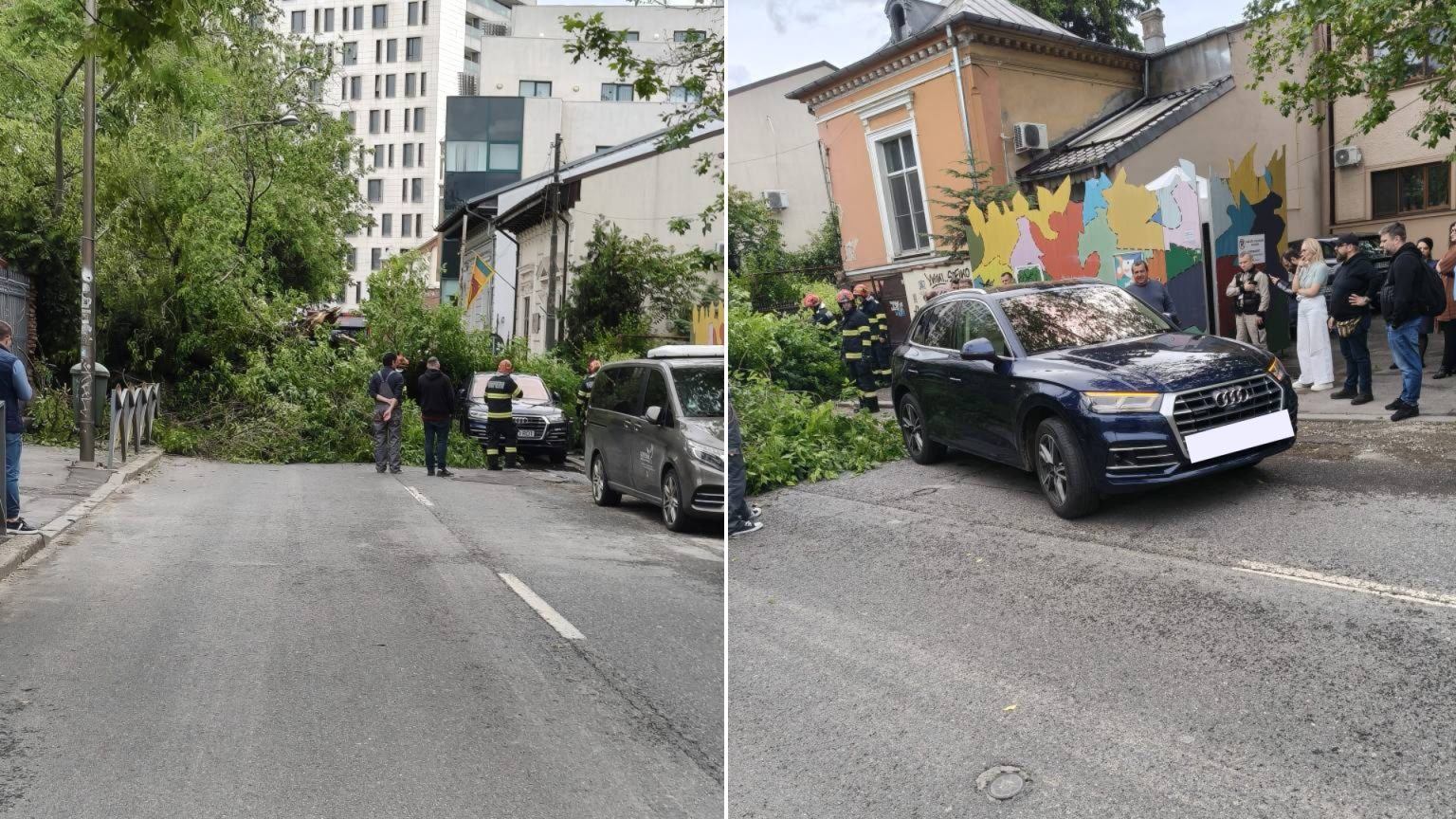 copac cazut pe doua masini pe un gard si pe sosea pe strada budisteanu trafic oprit echipaj isu la fata locului 6836907040263