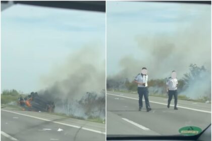 video doua masini pe camp in flacari accident grav pe autostrada a1 sensul spre bucuresti 68bc389ff35db
