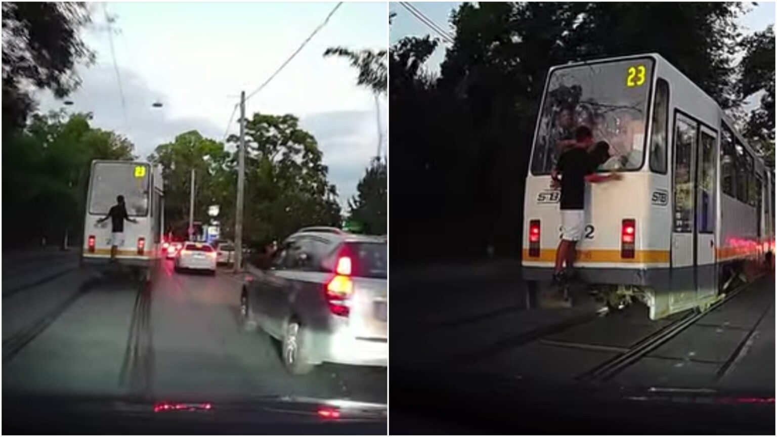 video gest periculos al unui pusti in traficul din bucuresti el s a plimbat pe spatele unui tramvai stb cu indicativul 23 68cfb548ec761