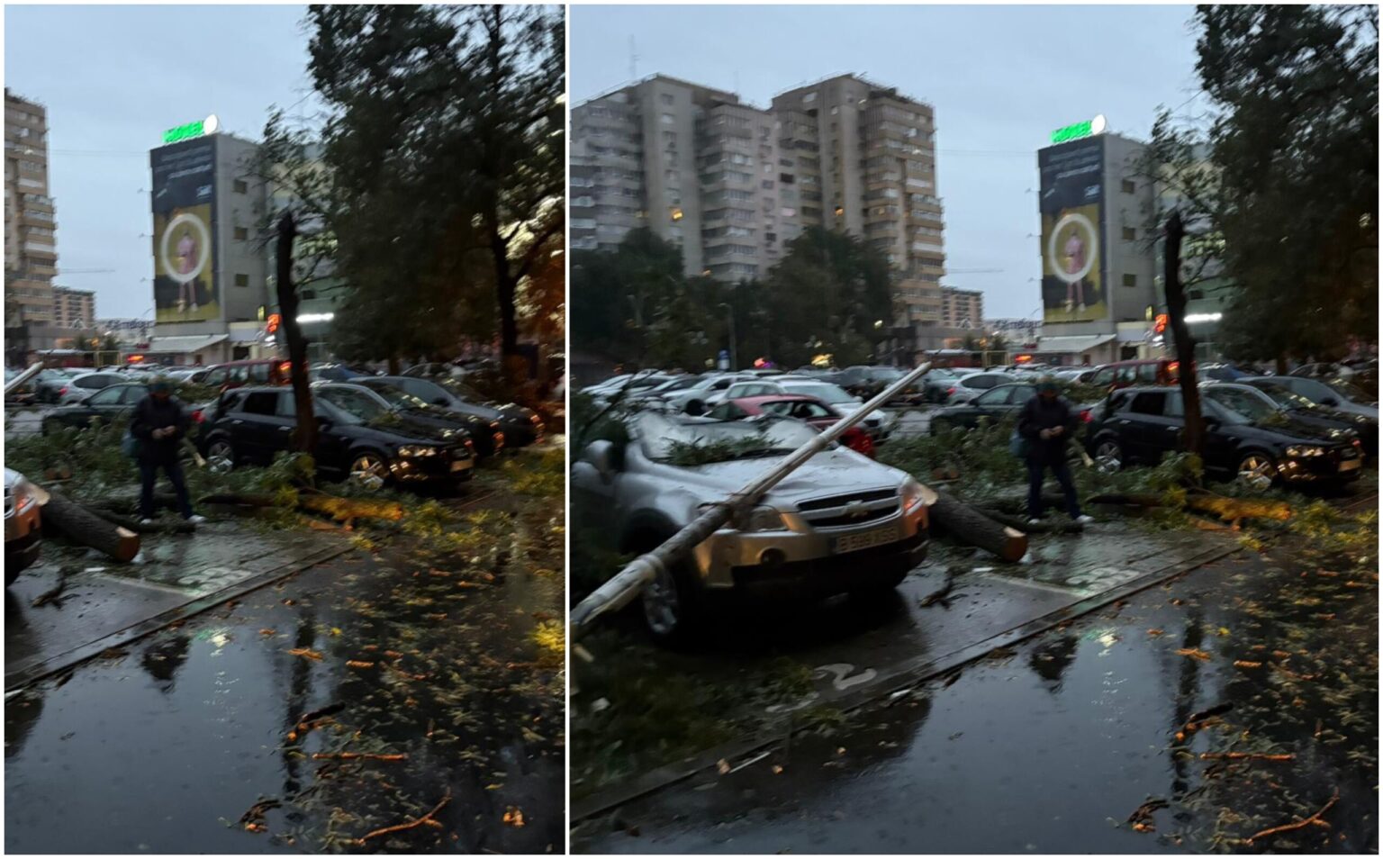 foto macel auto in parcarea magazinului sir de la lujerului masini zdrobite de stalpi si copaci cazuti 68df6c8698512