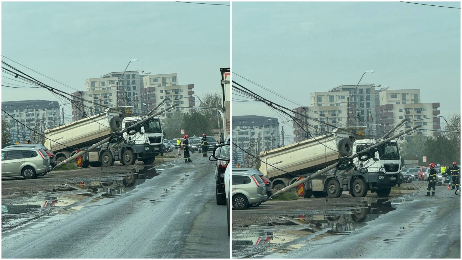 foto stalpi prabusiti pe sosea pe prelungirea ghenchea dupa ce o basculanta a agatat cu bena cabluri electrice pompierii la fata locului trafic ingreunat 68f9de3a6dad6 2