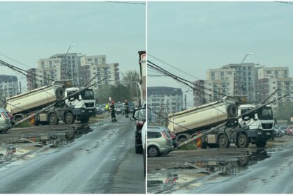 foto stalpi prabusiti pe sosea pe prelungirea ghenchea dupa ce o basculanta a agatat cu bena cabluri electrice pompierii la fata locului trafic ingreunat 68f9de3a6dad6 2