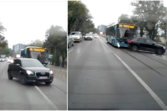 video traffic crash monday in bucuresti momentul in care un sofer trage brusc de volan fix in fata unui autobuz 605 care circula pe banda stb de pe bulevardul aerograrii 68e36db393725