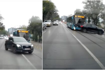 video traffic crash monday in bucuresti momentul in care un sofer trage brusc de volan fix in fata unui autobuz 605 care circula pe banda stb de pe bulevardul aerograrii 68e36db393725