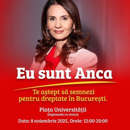 anca alexandrescu sambata 8 noiembrie 2025 incepand cu ora 1200 va astept in piata universitatii esplanada cu statui sa semnati pentru dreptate in bucuresti 690b12c31209b