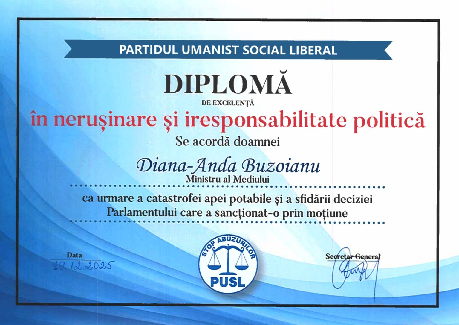diploma de nerusinare si iresponsabilitate politica acordata ministrului mediului pusl acuza un esec major in criza apei din prahova 69452e7b7ee1f