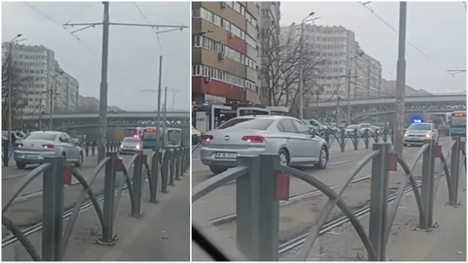 video cascadorul plansului in traficul din bucuresti un sofer a luat o vitejeste pe contrasens pe sina de tramvai in colentina si a dat nas in nas cu masina politiei 693be6cc239d6