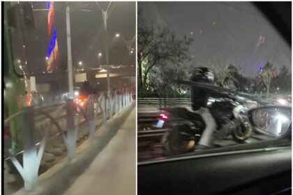 video complet ireal pe linia 41 un motociclist cutezator conduce zgaltait pe sine cu tramvaiul pe urmele lui daca o tinea la 100 nici nu simtea traversele 6931211f894f8