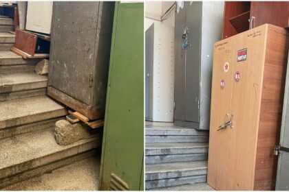 foto e bomba cu ceas la politia capitalei zeci de fisete proptite in bolovani caramizi si lemne pot cadea oricand peste politisti sau bucuresteni care intra in cladire 6965ec6caa366