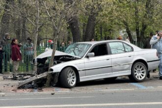 foto un sofer a doborat un stalp de iluminat si s a oprit in cativa copaci pe campia libertatii martor i ar fi explodat un cauciuc 69de2b68e4fff